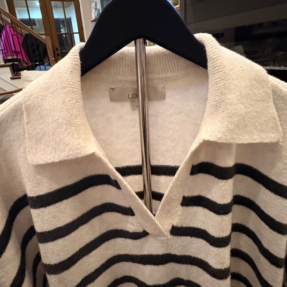 LOFT Cream and Black Striped V-Neck Sweater - Picture 3 of 4